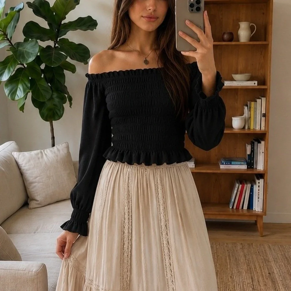 Womens Off Shoulder Smocked Blouse M Black Ruffle Long‎ Sleeve Romantic Cottage